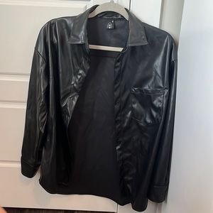 Oversized Faux Leather Button Up Shirt Jacket